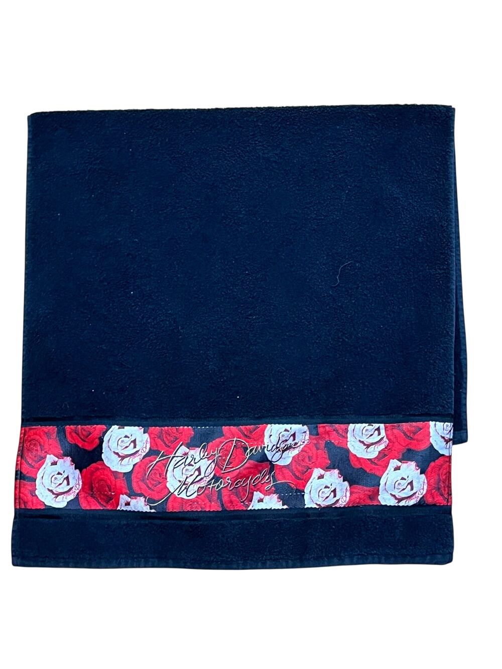 HARLEY DAVIDSON Black Bath Towel Red Roses Heart 23 x 47" Large Plush